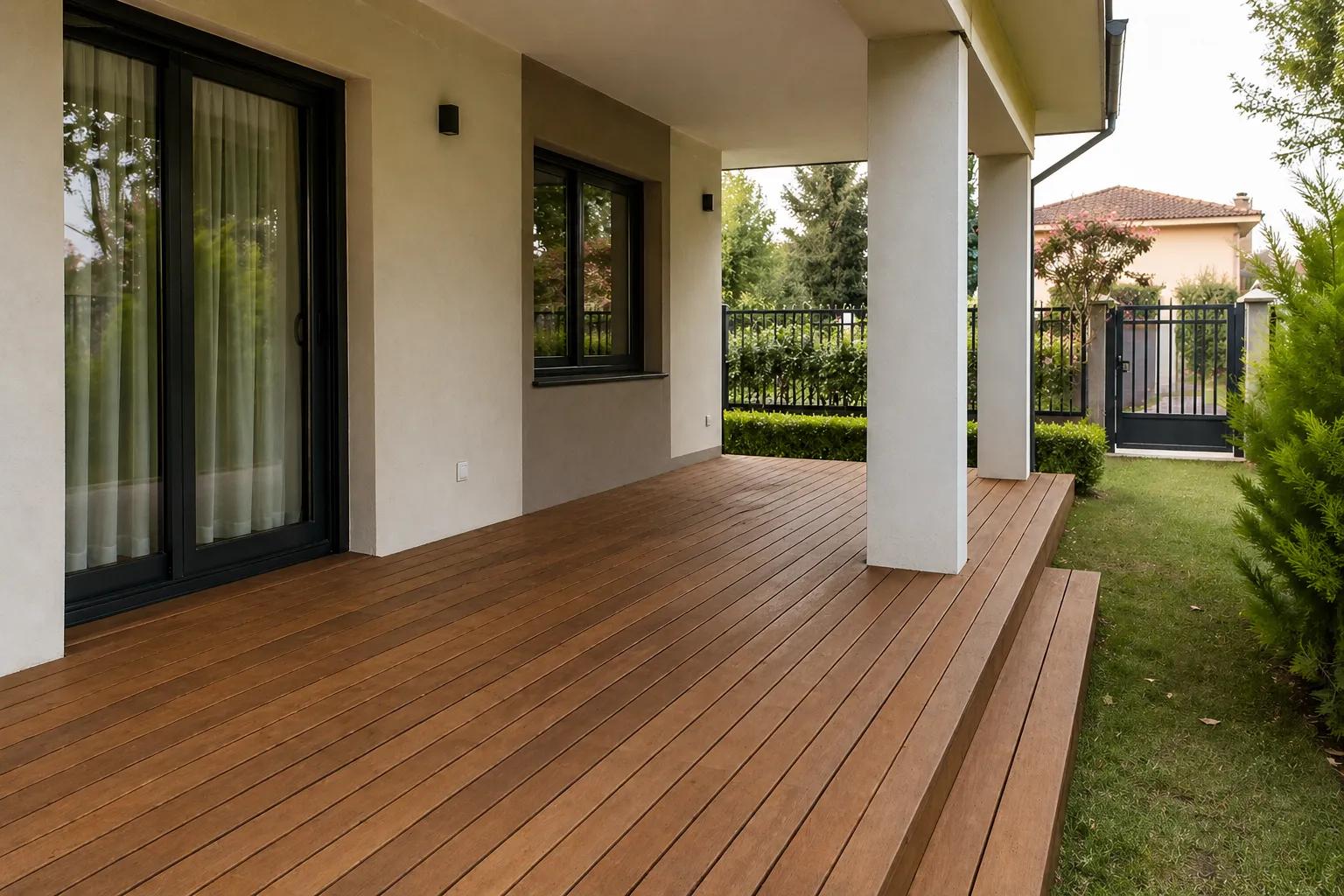 Ahşap deck döşenmiş sıcak veranda